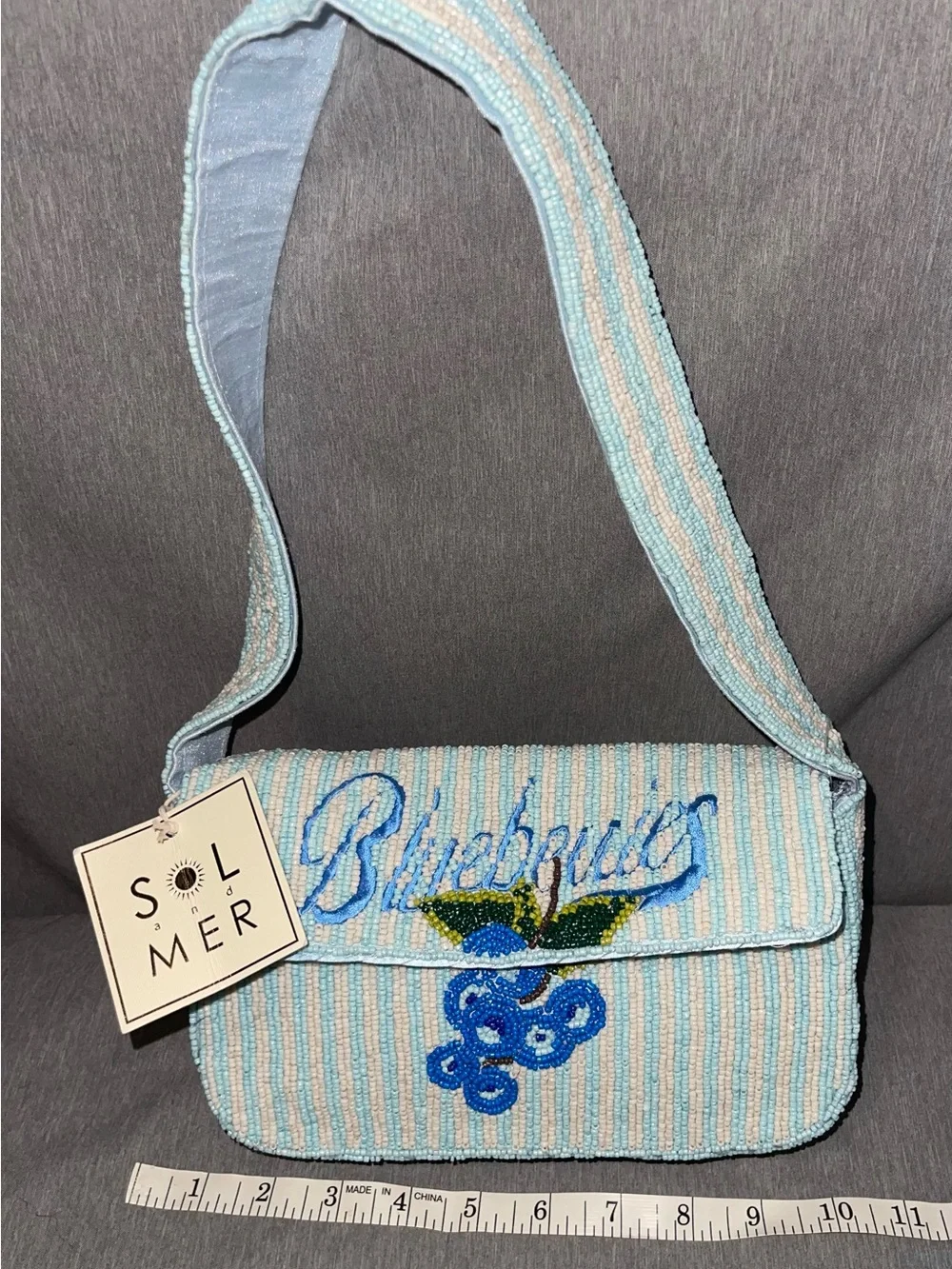 Viral NWT Sol and Mer Beaded Blueberries Blue White Stripes Shoulder Bag